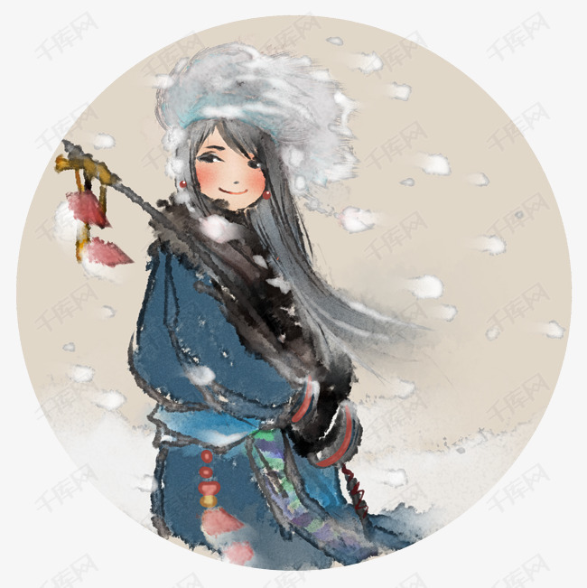 中国风水墨画微笑藏族女孩雪景图