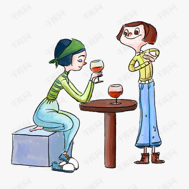 手绘卡通人物闺蜜喝红酒创意海报