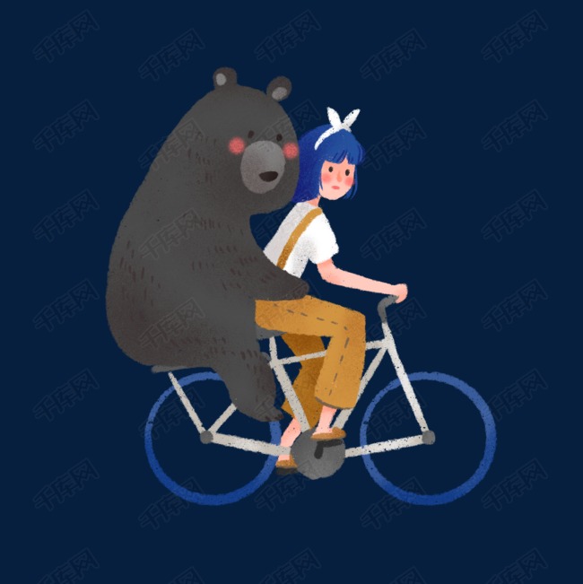 手绘可爱小熊和女孩骑自行车