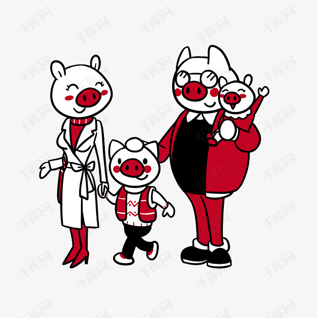 卡通小猪一家人逛街png透明底