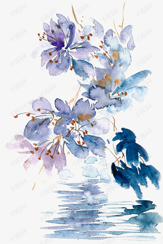 蓝色花丛水彩画png免抠素材