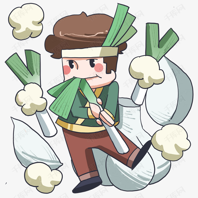 免抠手绘元旦插画吃葱的孩子帅气的男孩白色的云朵绿色的大葱卡通插画