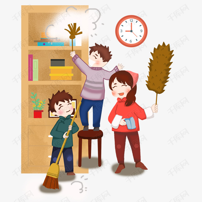 卡通手绘一家人打扫卫生创意海报