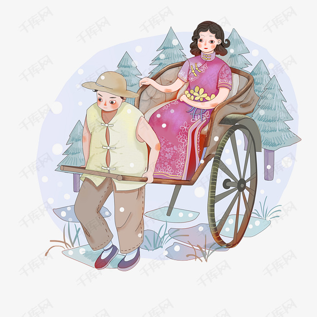 民国过年旗袍太太小姐复古三轮车夫下雪png