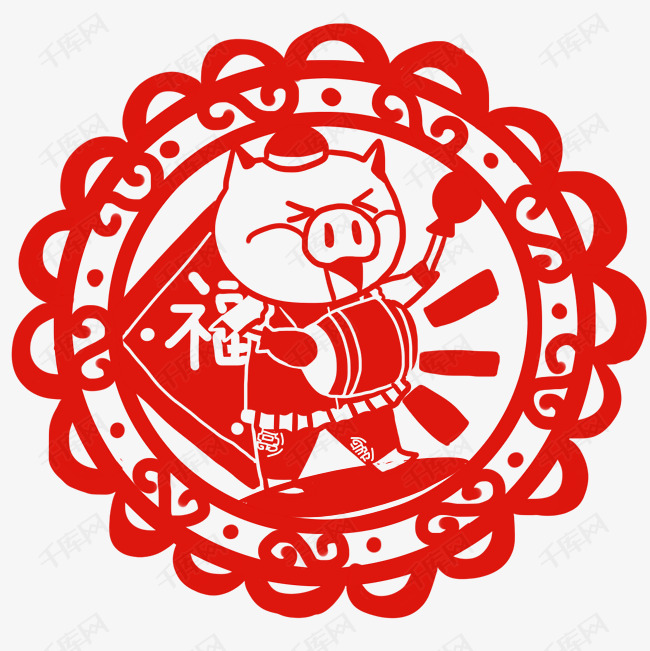 剪纸猪手绘卡通人物png素材