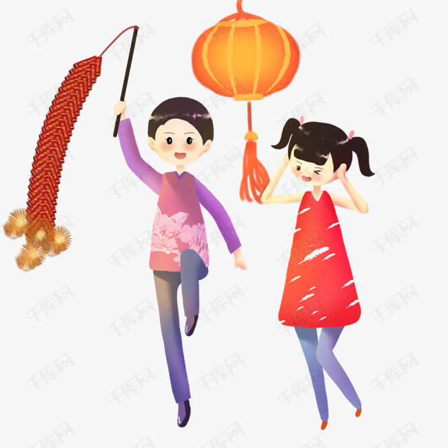 2019年手绘中国风金童玉女拜年放鞭炮