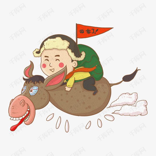 2019春节可爱男孩骑着毛驴飞奔回家过年插画