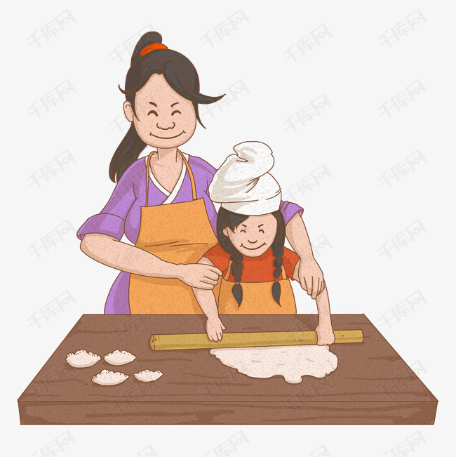 2019新年年也放小女孩擀面皮包饺子插画