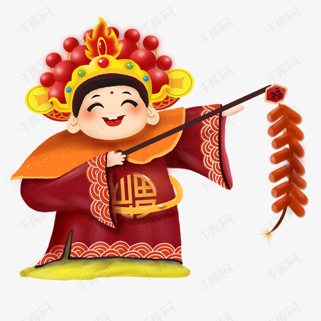 2019年春节新年卡通财神喜庆烟花爆竹矢量图