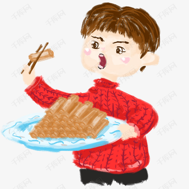 立春男孩吃春卷卡通手绘