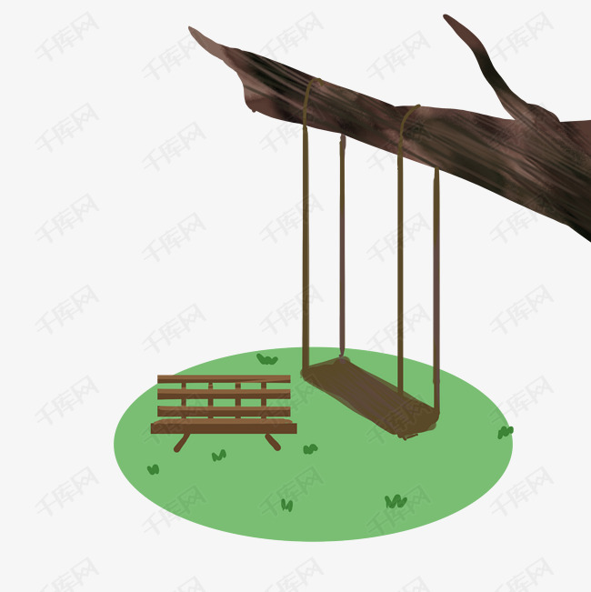 手绘卡通长椅秋千草地