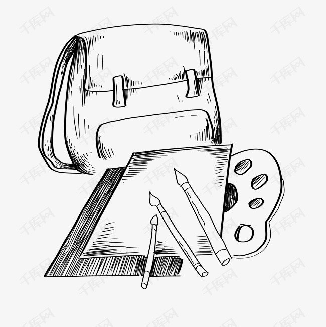 线描铅笔和书包插画