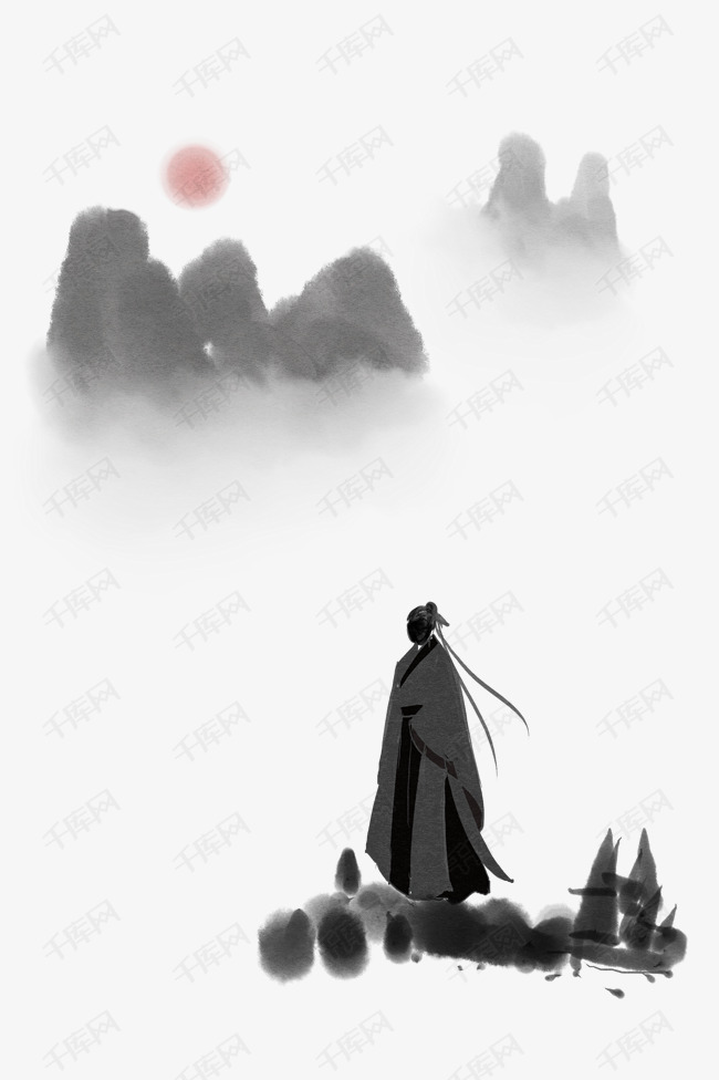 手绘看日出的水墨诗人插画