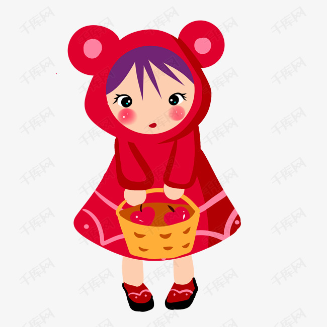 红色手绘拿苹果的小女生元素