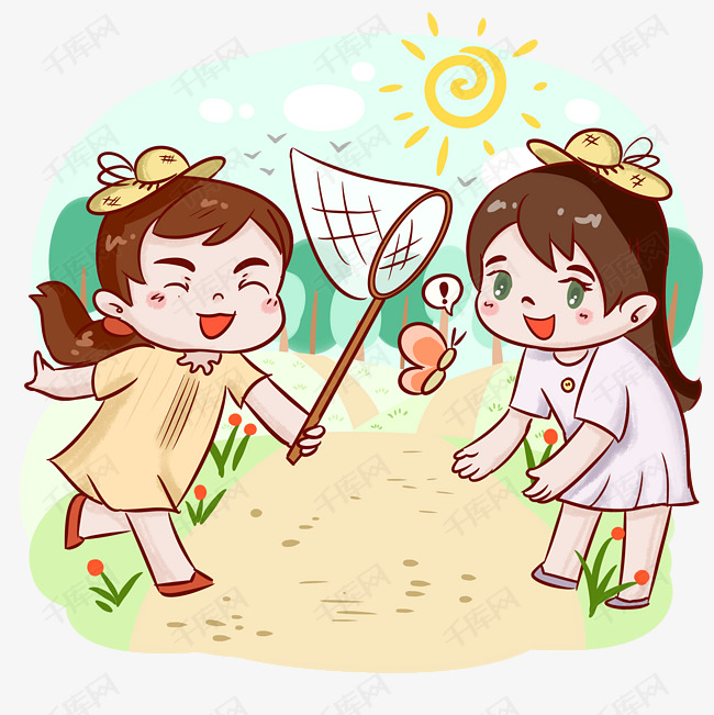 春天姐妹户外扑蝴蝶手绘人物png