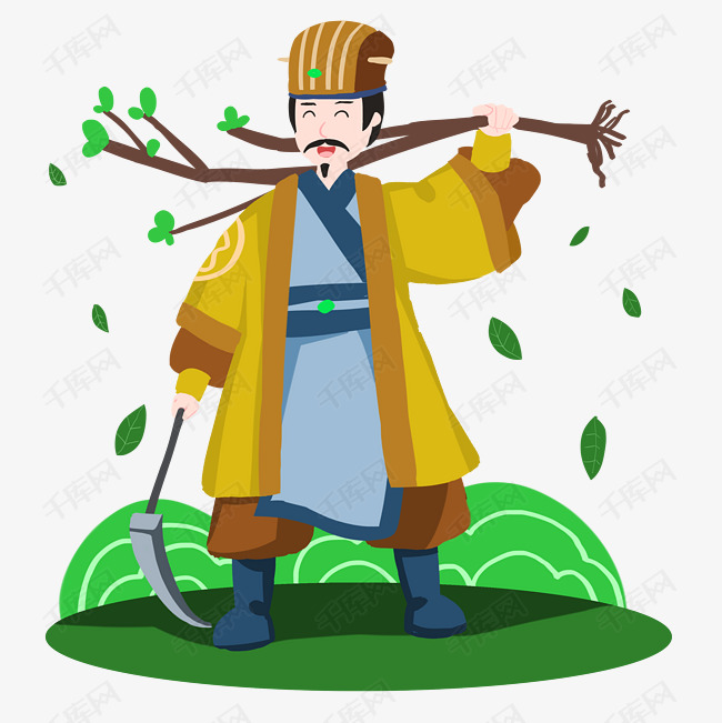 植树节古装男子镰刀扛树苗去植树