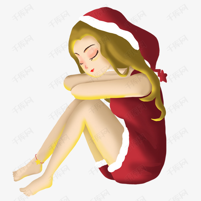 卡通抱着腿的小女孩免抠图