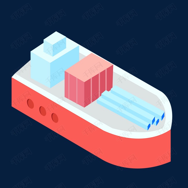 手绘2.5d彩色轮船插画