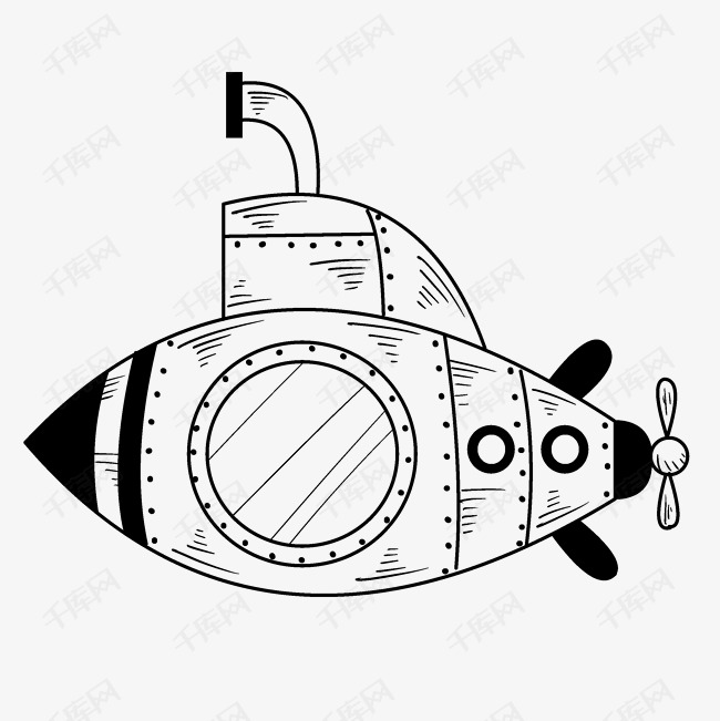 线描潜水艇装饰插画