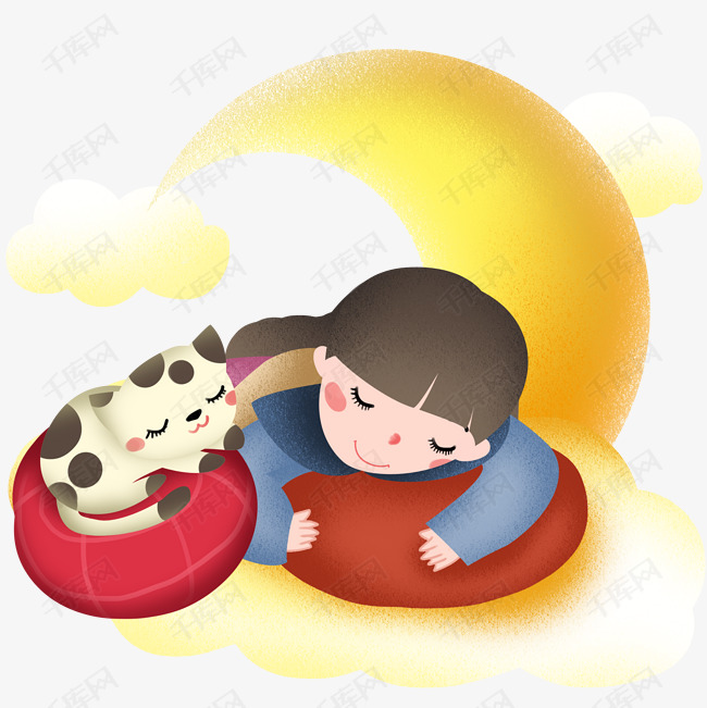趴着睡觉的女孩和猫咪