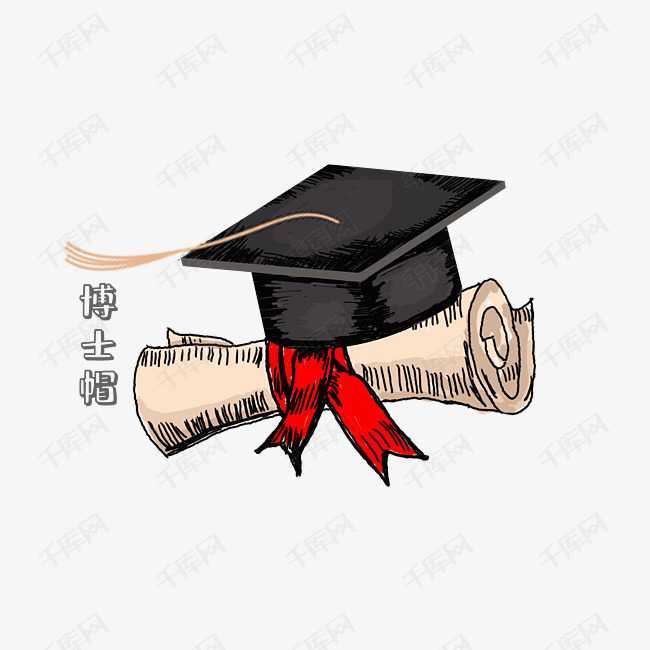 卡通手绘博士帽毕业证书元素