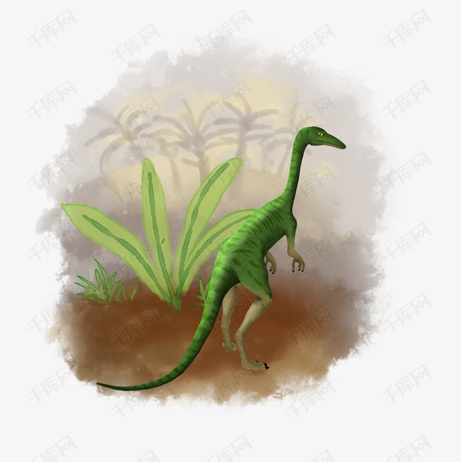 手绘风格在丛林中站立的绿色细颈龙(头朝右)免扣元素