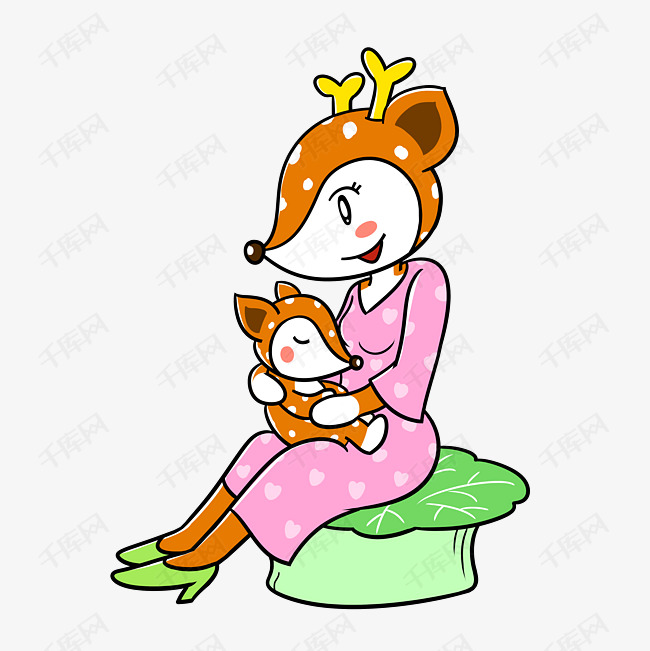 卡通母亲节小鹿母女png透明底