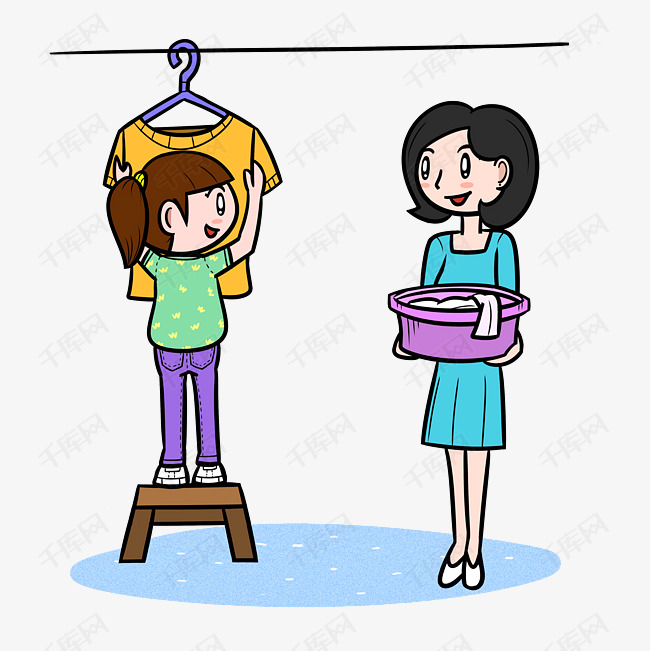 卡通母亲节帮妈妈晒衣服png透