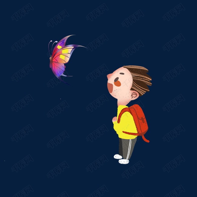 手绘卡通帅气小男孩看蝴蝶
