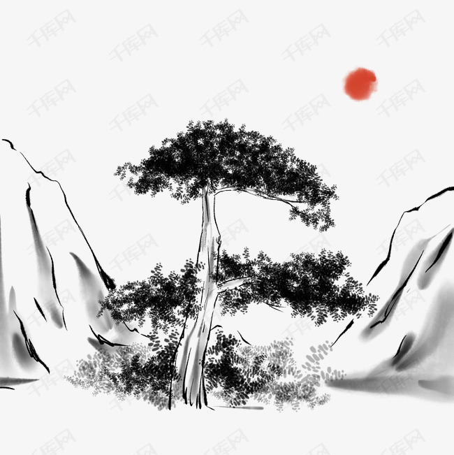 中国风水墨画迎客松素材图片免费下载 高清装饰图案psd 千库网 图片编号