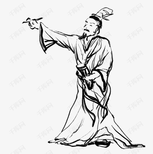 手绘拿毛笔的古人