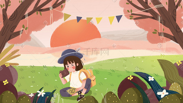 4月你好少女风景踏青旅游大自然卡通插画图片