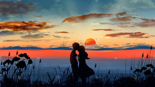 炫彩日出手绘七夕情侣风景画