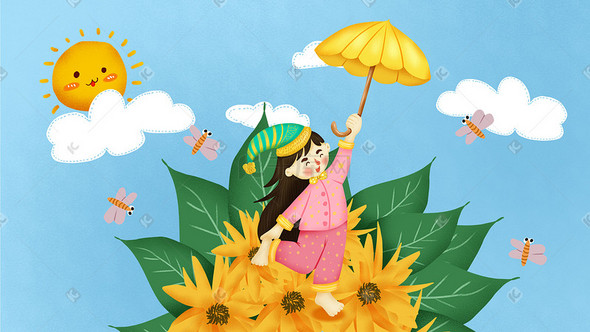 卡通可爱睡衣女孩早安花语