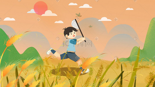 自动化追踪插画图片_追踪蜻蜓的乡村男孩