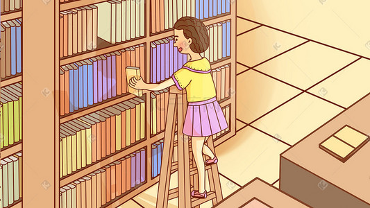 校园生活校园图书馆借书暖色温馨可爱卡通