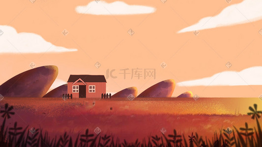 乡村唯美插画图片_乡村唯美旅行夕阳风景