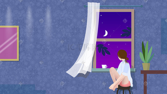 窗外女孩插画图片_坐在窗前望着窗外的女孩