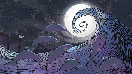 蓝色梦幻浪漫插画图片_梦幻海洋海豚月光插画