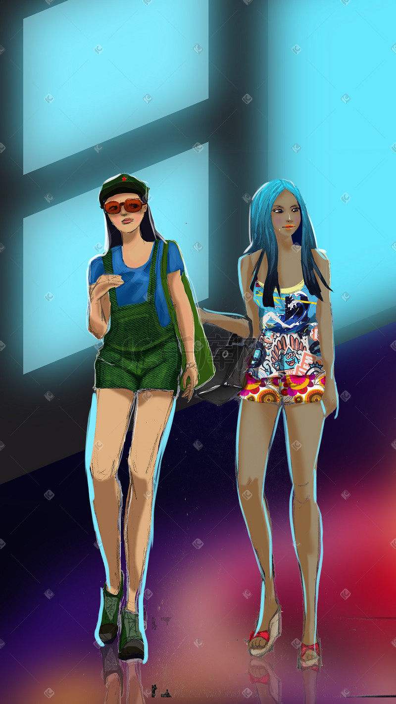 叉腿美女卡通手绘背景图片大全-高清叉腿美女图片下载-千库网