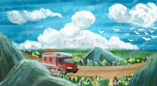沙漠房车插画图片_开房车的旅行路上