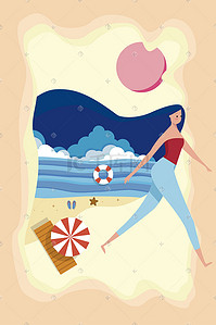 剪纸夏季插画图片_夏季出游海边风景插画剪纸风手绘海报背景图