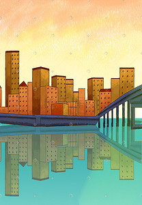 城市建筑卡通背景插画图片_城市特色景点手绘插画