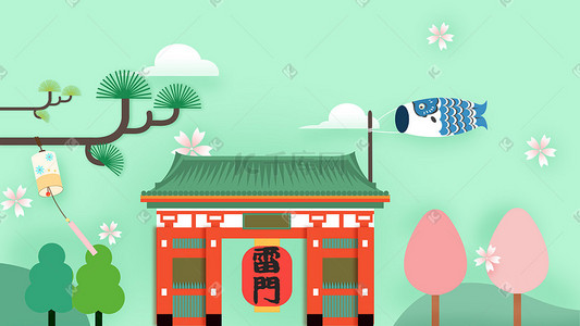 印象苏州城市插画扁平城市手绘电梯盆栽墙画场景日本浅草寺雷门扁平卡