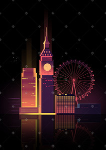 摩天轮夜景插画图片_扁平卡通英国伦敦城市夜景