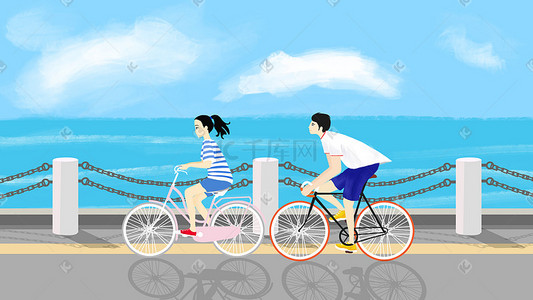 活力五四插画图片_五四青年节手绘男孩女孩海边骑自行车