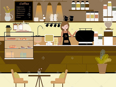 咖啡馆传单psd插画图片_扁平风咖啡馆少女风格插画