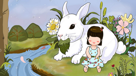 玩伴插画图片_草坪女孩和兔子玩伴
