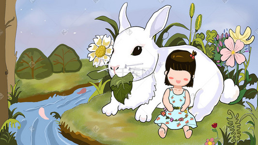 草丛花朵卡通插画图片_草坪女孩和兔子玩伴