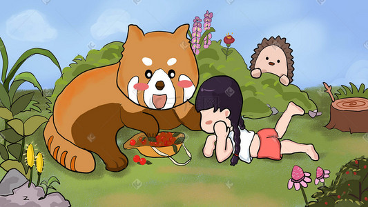 j煎饼果子插画图片_春天小熊猫和女孩吃果子